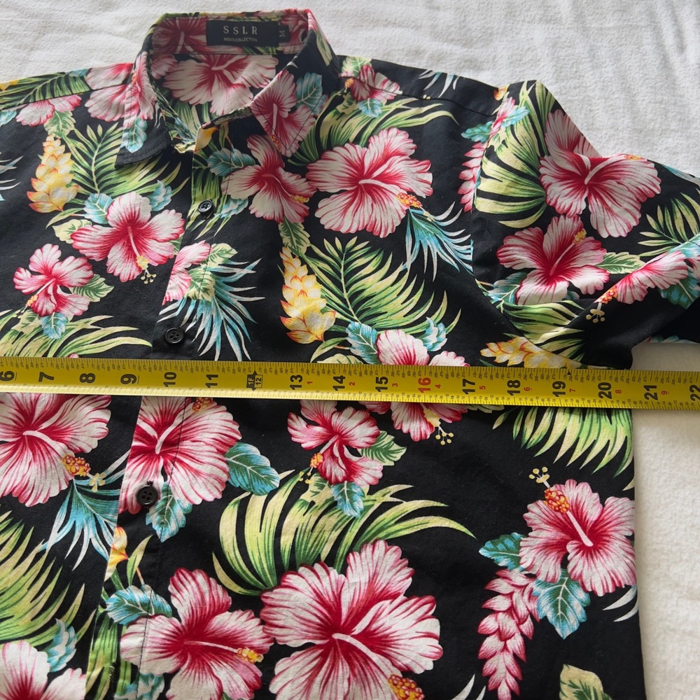 SSLR Mens Tropical Hibiscus Floral Button Down Shirt Black Pink Medium - Picture 6 of 7